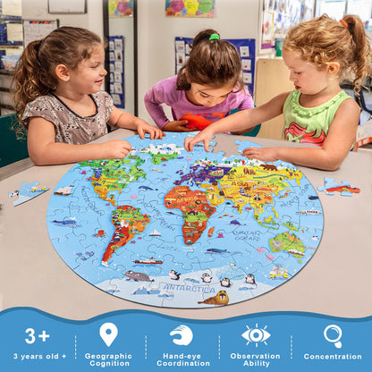 DIGOBAY World Map Jigsaw Puzzle for Kids 4-8, 70 Piece Large Round Floor Puzzles for Kids Ages Toddler Puzzle Globe Geography Games Educational Toys Birthday for Children