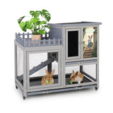 cozivvovv Wood Rabbit Hutch with Balcony - Small Animal House Bunny Cage on Wheels for Indoor Outdoor, Rabbit Cage Included Ramp, Pull Out Tray, (Grey with Pattern) COZIVVOVV