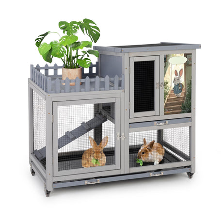 cozivvovv Wood Rabbit Hutch with Balcony - Small Animal House Bunny Cage on Wheels for Indoor Outdoor, Rabbit Cage Included Ramp, Pull Out Tray, (Grey with Pattern) COZIVVOVV