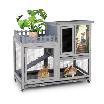 cozivvovv Wood Rabbit Hutch with Balcony - Small Animal House Bunny Cage on Wheels for Indoor Outdoor, Rabbit Cage Included Ramp, Pull Out Tray, (Grey with Pattern)