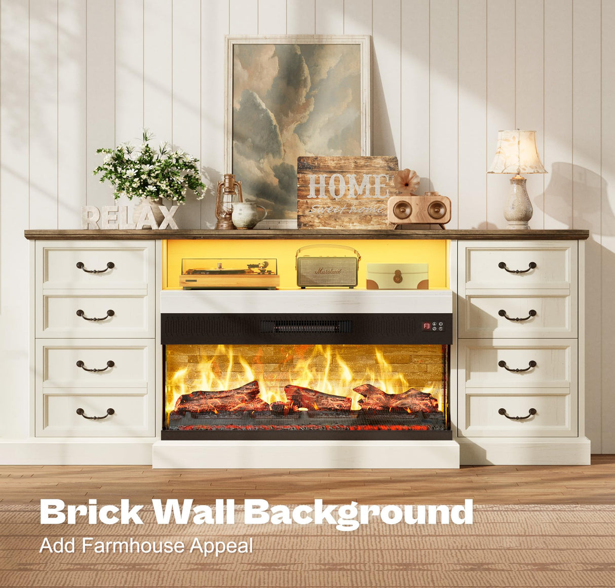 Huuger Fireplace TV Stand with LED Lights for 75 80 Inch TV, 3-Side Glass Fireplace Entertainment Center, 70 Inch Farmhouse TV Stand with 4 Deep Drawers for Living Room, Distressed White Huuger