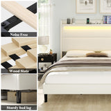 AMERLIFE King Bed Frame with LED Lights & Wingback Headboard, Upholstered Platform Bed with USB & USB-C Ports, No Box Spring Needed/Noise Free/White AMERLIFE