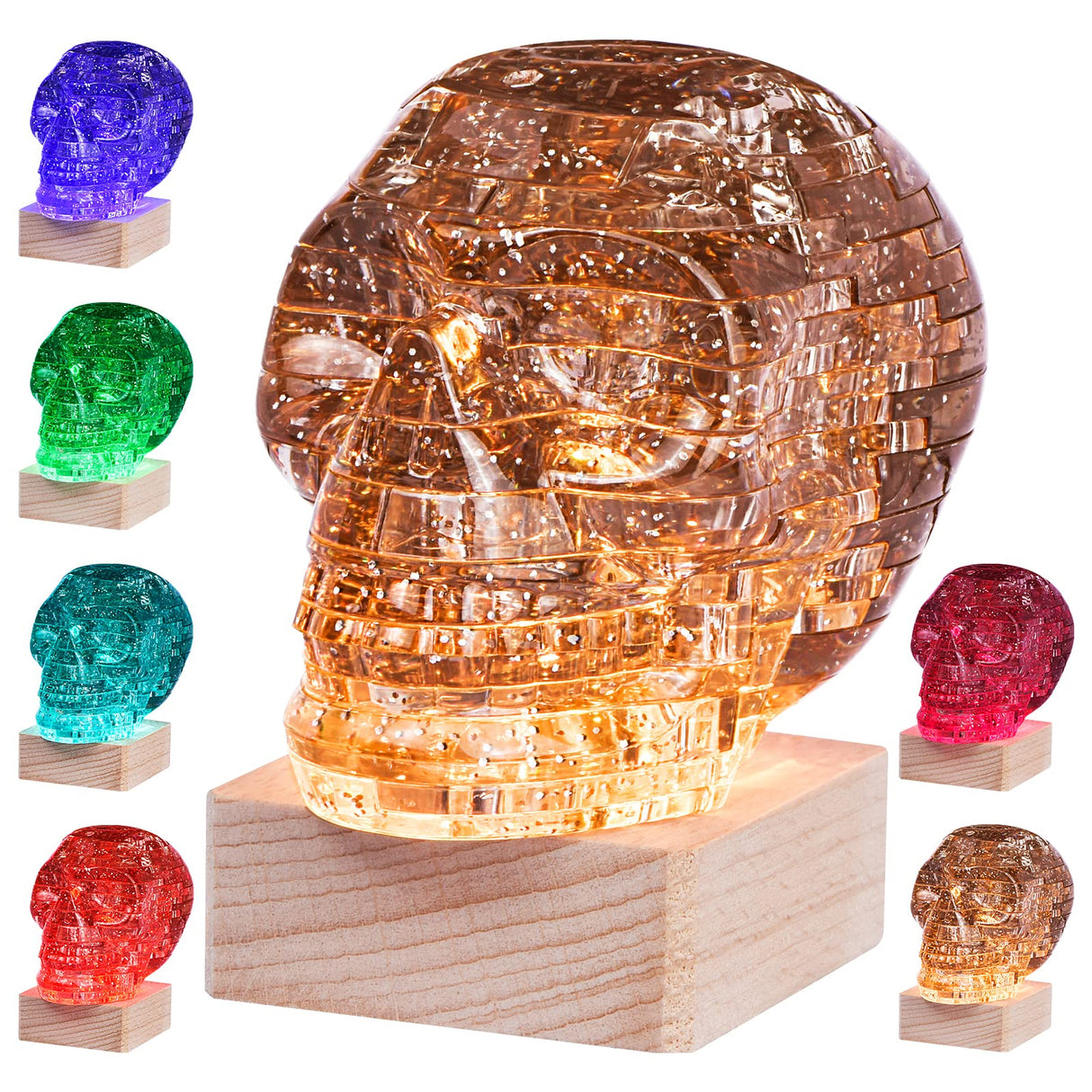 3D Skull Crystal Puzzle, Skull Assembly Brain Teaser with Light-Up Wood Base for Halloween Decorations Outdoor, Plastic Skull DIY Puzzle Blocks 3D Model Toy, Gift for Adults, Kid 14+, 49pcs (Grey) Generic