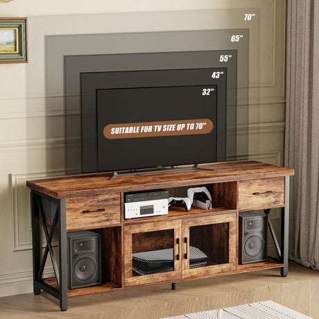 ALLSTAND TV Stand for 55 60 65 Inch TV, Entertainment Center with Fabric Drawers & Storage Cabinets, Industrial Media Console Table with Soundbar Shelf for Living Room, Bedroom, 55 Inches Rustic Brown ALLSTAND