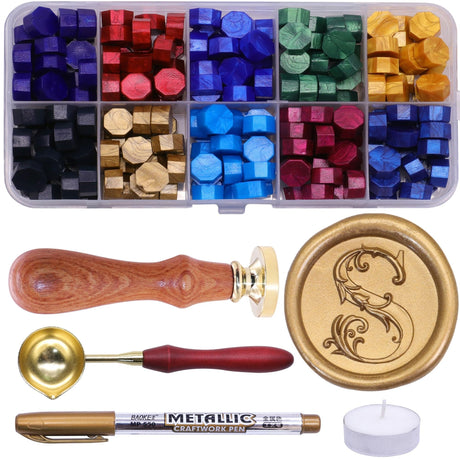 Letter Wax Seal Stamp Kit, SWANGSA 3D Floral Initial Alphabet S Sealing Stamp and 200pcs Sealing Wax Beads Kit for Wedding Invitations Cards Envelopes SWANGSA