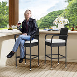 YITAHOME Outdoor Wicker Bar Stools Set of 2, Patio Wicker Counter Stools with Armrest & Backrest, Outdoor Bar Height Chairs with Soft Cushions for Backyard Pool Garden Deck, Black YITAHOME