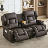 URRED Loveseat Rocker Recliner Sofa with Console, Manual Reclining Loveseat RV Couch Double Rocking Chair Nursery with Cup Holders, Side Pocket, Bluetooth Speaker, USB, Outlets (Dark Brown) URRED
