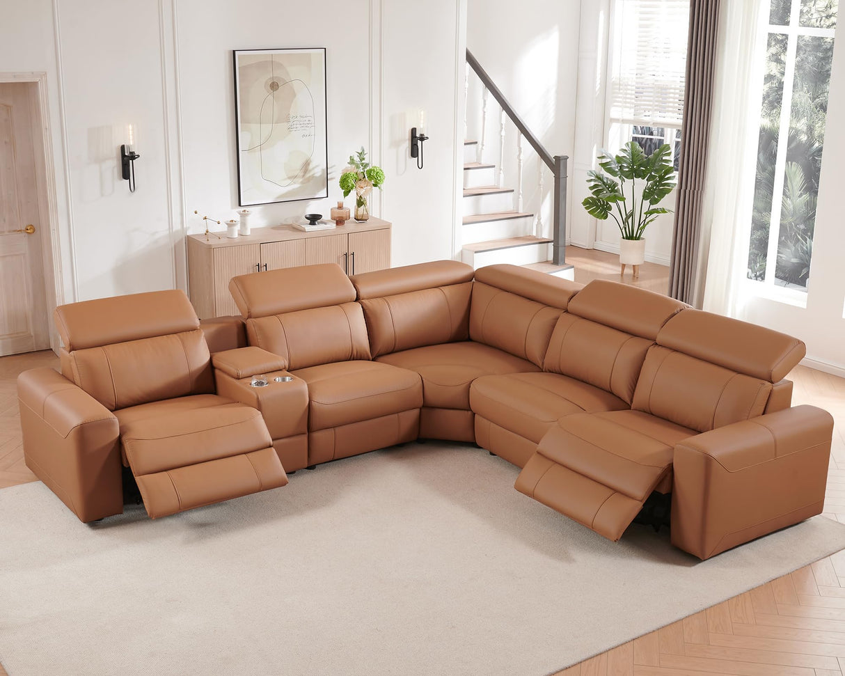 AMERLIFE Power Recliner Sofa, Electric Reclining Sofa with Console & Dual Recliner, Leather Sectional Couch for Living Room, Brown AMERLIFE