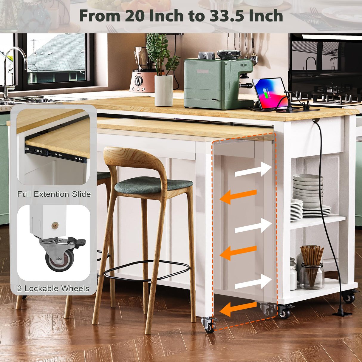 Merax Kitchen Island on Wheels with Extendable Dining Table & Power Outlet, Wood Kitchen Rolling Cart with Internal Storage Rack, 2 Drawers & 2 Cabinets, 47" Wide White Merax