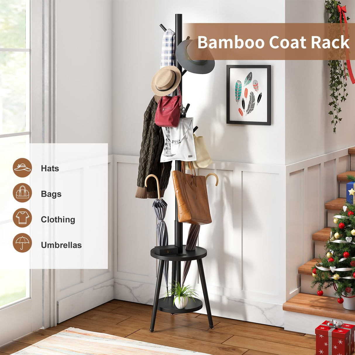 FILWH Freestanding Coat Rack with Umbrella Organizer Tray Bamboo Coat Tree Rack with 8 Hook Stand for Clothes Bag Hats Entryway Hanger Stand(Black) FILWH