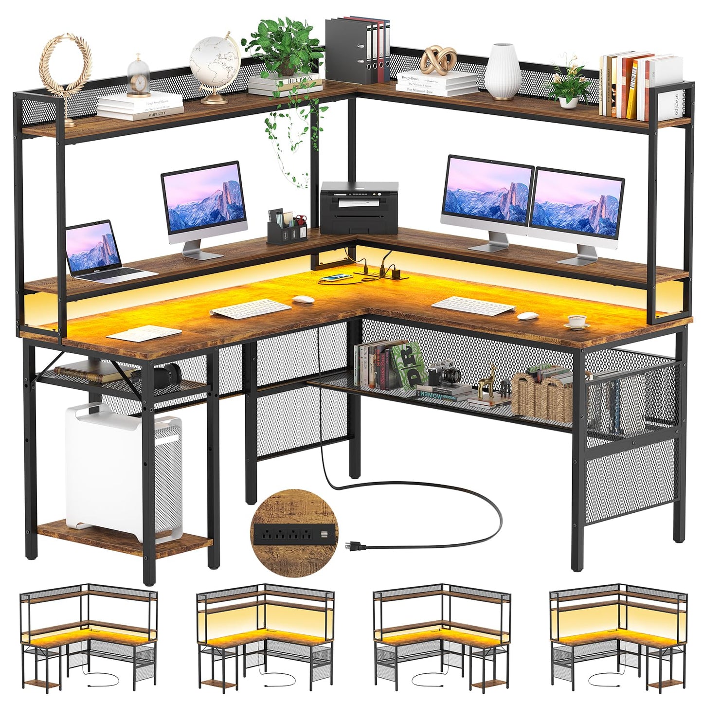 Unikito Reversible L-Shaped Desk with Power Outlets & RGB LED Light - Rustic Brown Corner Computer Desk for Home Office & Gaming - WoodArtSupply