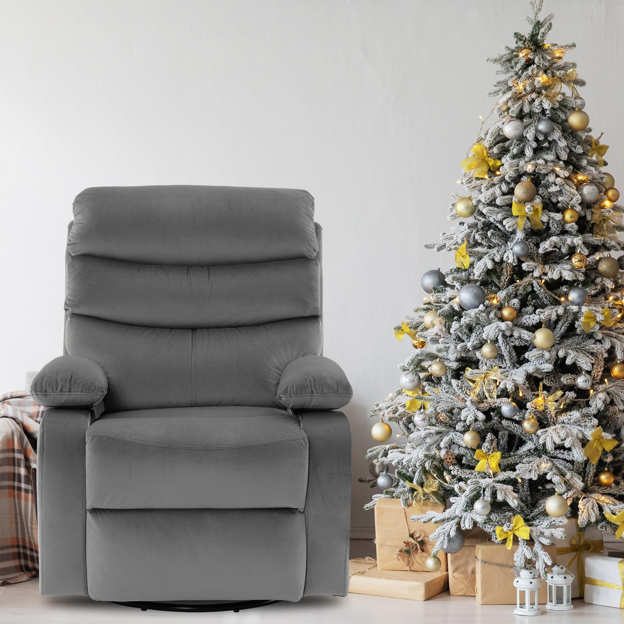 GNMLP2020 Swivel Rocker Recliner Chair for Adults, Rocking Chair Nursery, Manual Small Swivel Recliner Chairs for Small Spaces, Living Room, Nursery, RV, Light Grey GNMLP2020