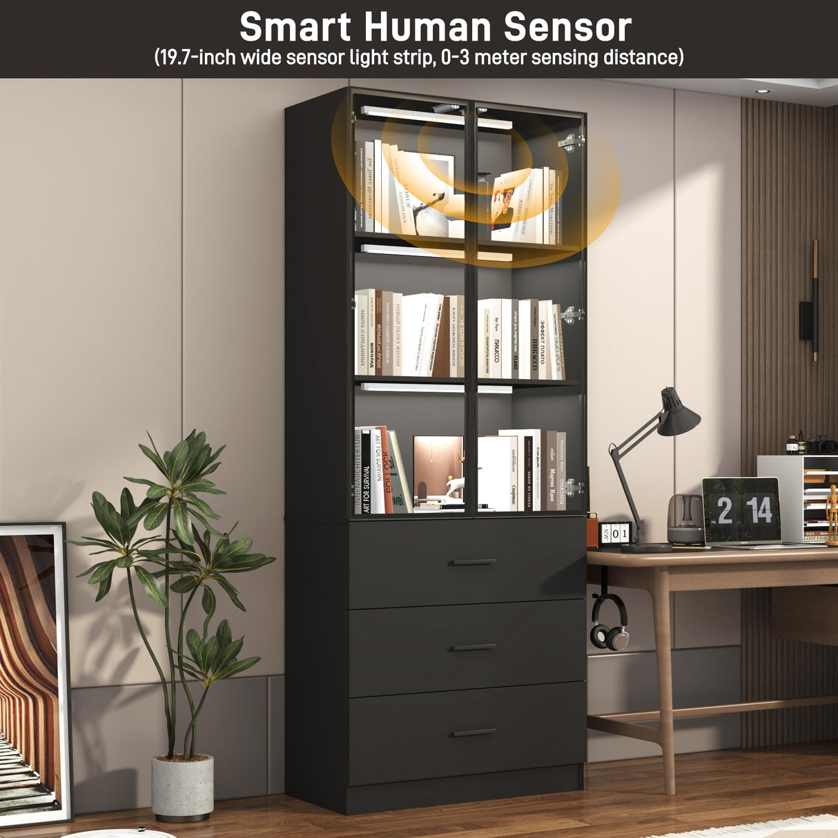 chartustriable 79" Tall Display Cabinet with LED Sensor Light & Pop-up Glass Doors & Drawers, Modern Bookcase Curio Storage Cabinet for Bedroom, Living Room, Office, Black chartustriable