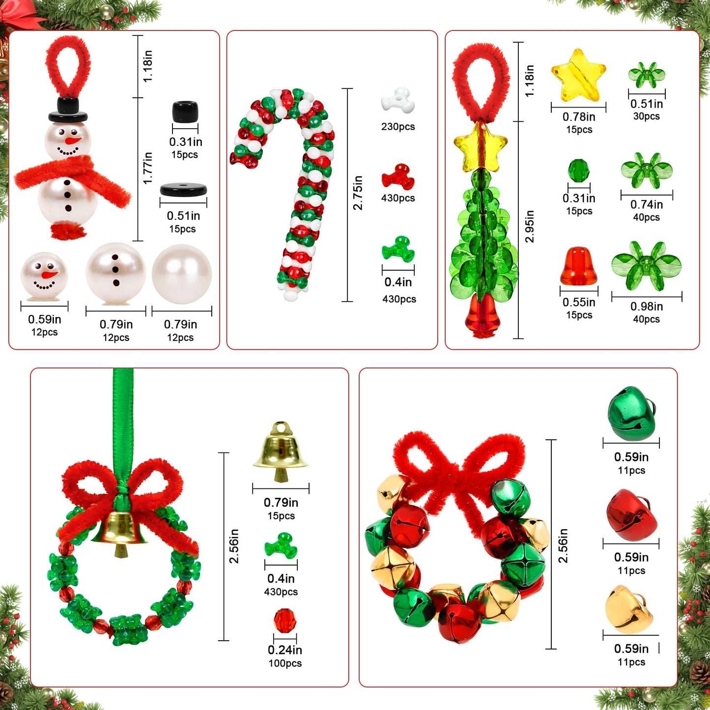 48 Sets Christmas Crafts for Kids Adults, Beaded Ornament Kits to Make 12 PCS Snowman/12 PCS Tree/12 PCS Wreath/12 PCS Candy Cane Xmas Holiday Hanging Tree Decorations Party Supplies(Assembly Needed)