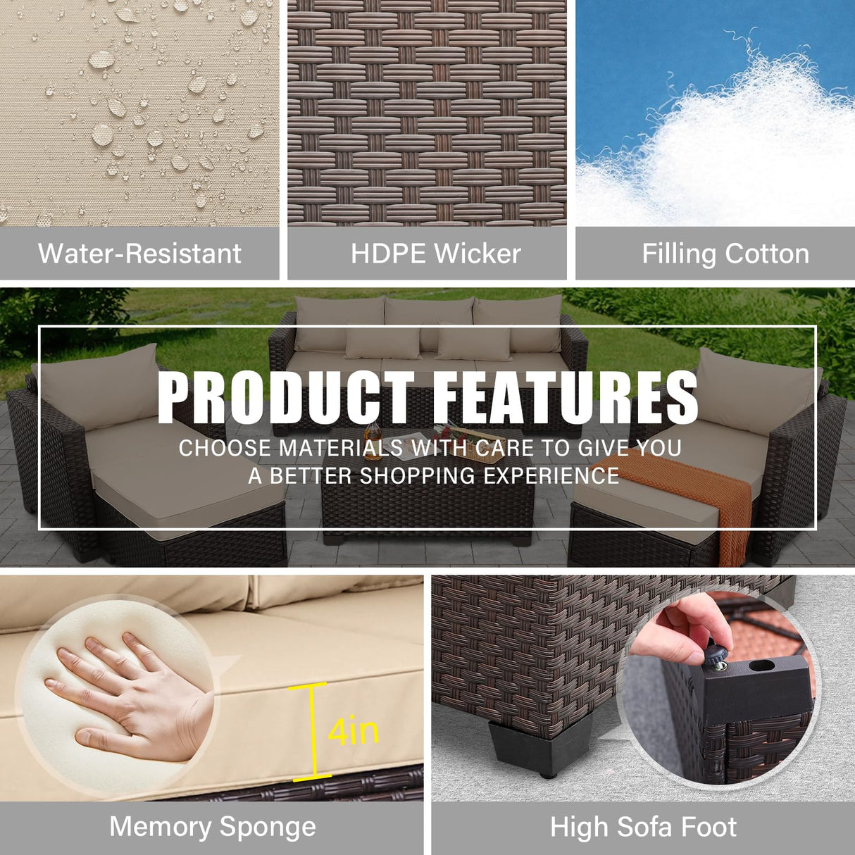 Rattan Star 6 Pieces Patio Outdoor Furniture Outdoor Conversation Sets Wicker Sofa Set with Outdoor Couch Patio Chairs Storage Coffee Table Khaki Cushions Waterproof Covers Rattan Star