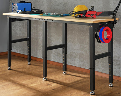 Albott 72x24“ Adjustable Workbench 28.7-38.6" Height, Rubber Wood Top Heavy Duty Workbench with Power Outlets & Hooks, 5000 LB Capacity Workbench for Garage, Workshop, Home & Office - WoodArtSupply