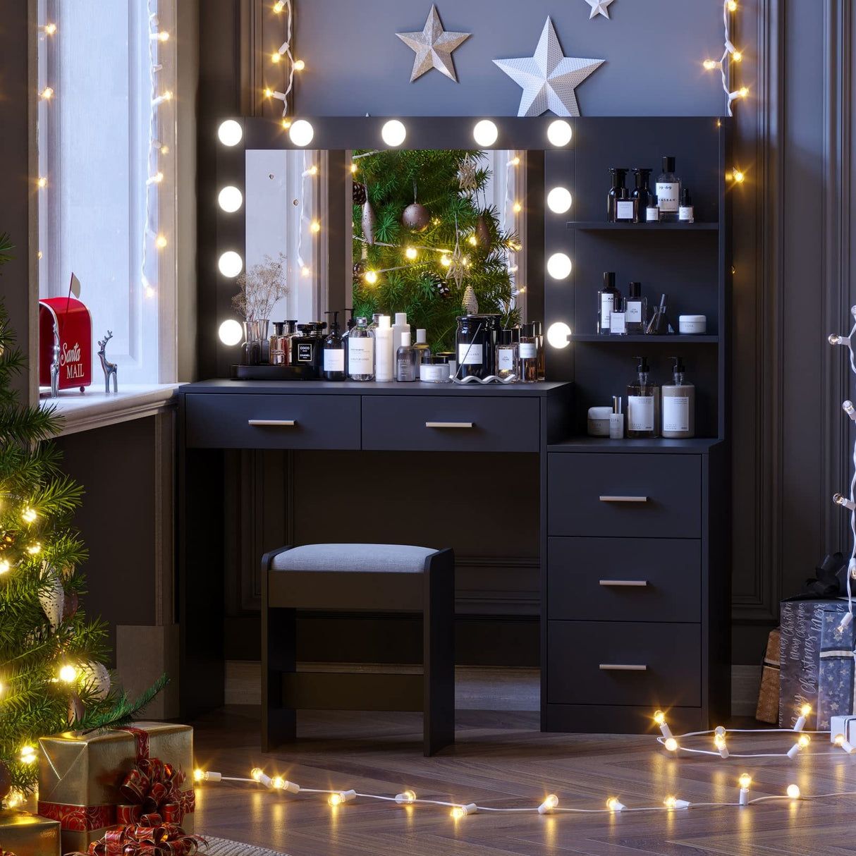 Rovaurx 46.7" Makeup Vanity Table with Lighted Mirror, Large Vanity Desk with Storage Shelf & 5 Drawers, Bedroom Dressing Table, 11 LED Lights, Black Rovaurx