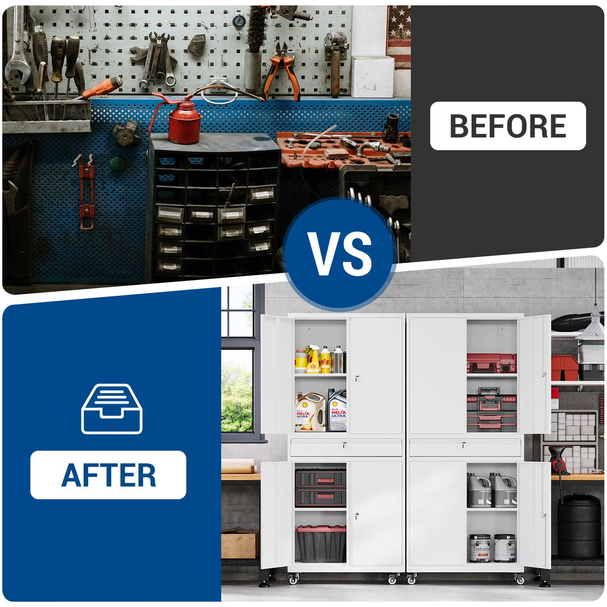 Fesbos 73" Metal Cabinet-White Heavy Duty Rolling Storage Cabinet Steel Tool Cabinets with Wheels, Shelves, Lockable Doors and Drawers- for Garage, Pantry, Warehouse Home Office- Assembly Required Fesbos