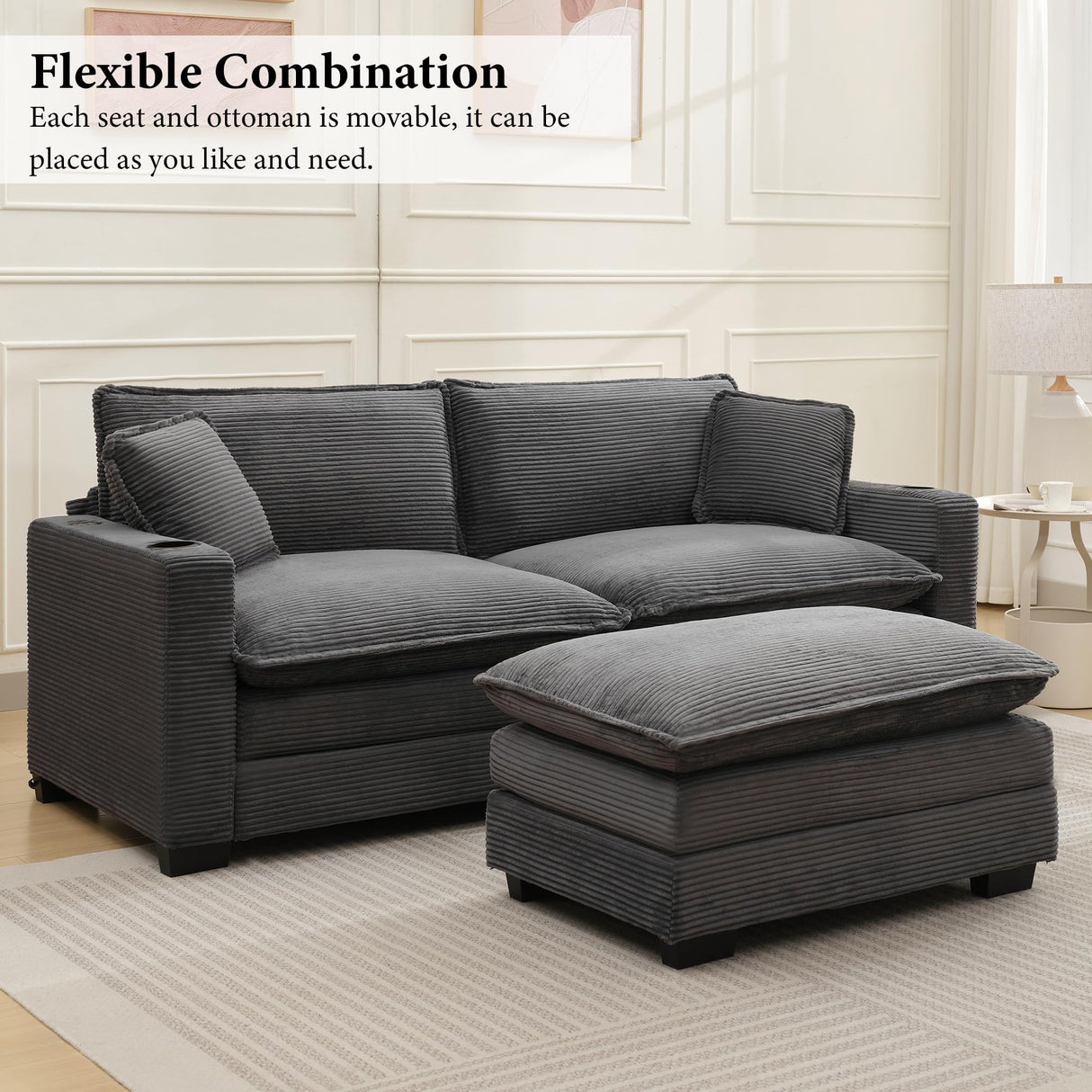 82.7" L Shaped Sectional Sofa with Cup Holders & USB Ports, Modern Loveseat Cloud Couch with Ottoman for Living Room, Apartment, Small Spaces, Grey Corduroy Tmsan