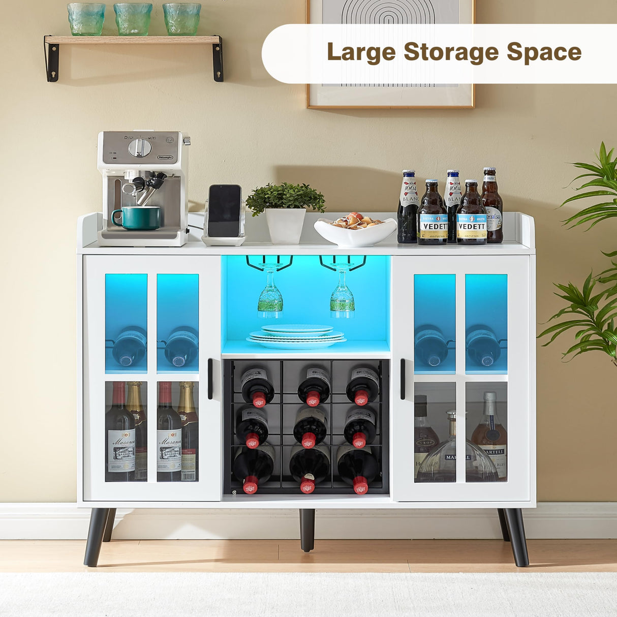 Alaxgumrol Wine Bar Cabinet with LED Lights - Coffee Bar Cabinet with Storage and Outlet, Kitchen Buffet Sideboard with Wine Rack and Glass Holder, Modern Liquor Cabinet for Home Dining Room Alaxgumrol