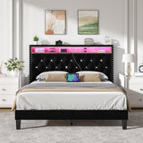 Queen Size Bed Frame with LED Lights and Headboard, Velvet Upholstered Bed Frames Queen with Charging Station and Storage, Modern Diamond and Rivet Design, No Box Spring Needed, Easy Assembly, Black HOMBCK