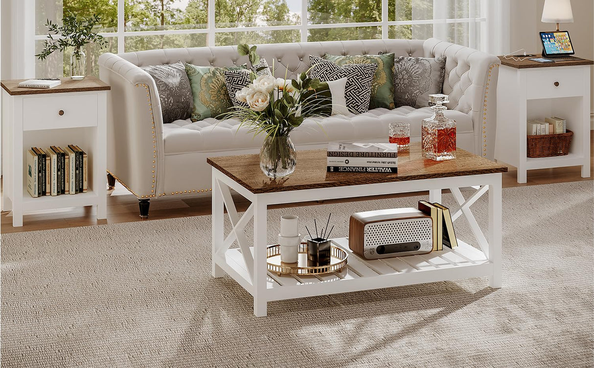 ChooChoo Farmhouse Nightstand Set of 2,Night Stand with Charging Station, Wooden Top Bedside End Table with Drawer and Storage Space for Bedroom, White ChooChoo