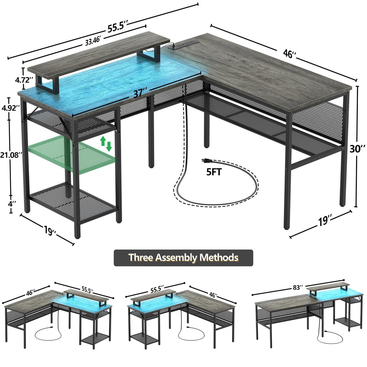 Unikito 55 Inch L Shaped Computer Desk with Power Outlets, Smart LED Lights & Unique Grid Design Unikito