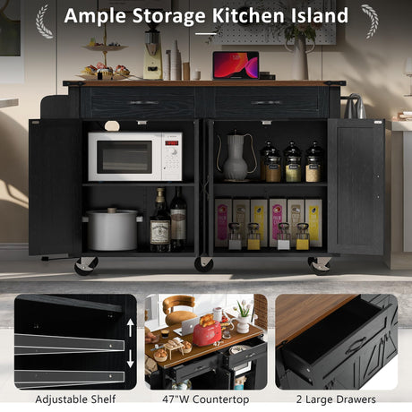 Amposei Farmhouse Rolling Kitchen Island with Power Outlet, Drop Leaf Breakfast Bar, Wooden Mobile Storage Island Cart on Wheels with Drawers, Spice Rack for Kitchen Dining Room (Black) Amposei