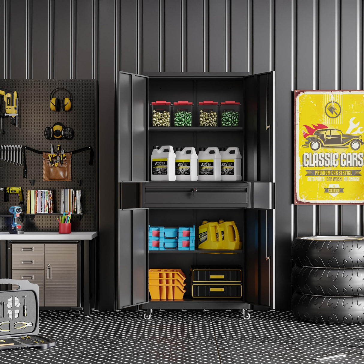 BYNSOE Metal Storage Cabinet with Wheels Metal Garage Cabinet with Adjustable Shelves Tool Storage Cabinet with 1drawer Steel Locker Cabinet with Lock for Home Garage (Black-73 4 casters) BYNSOE