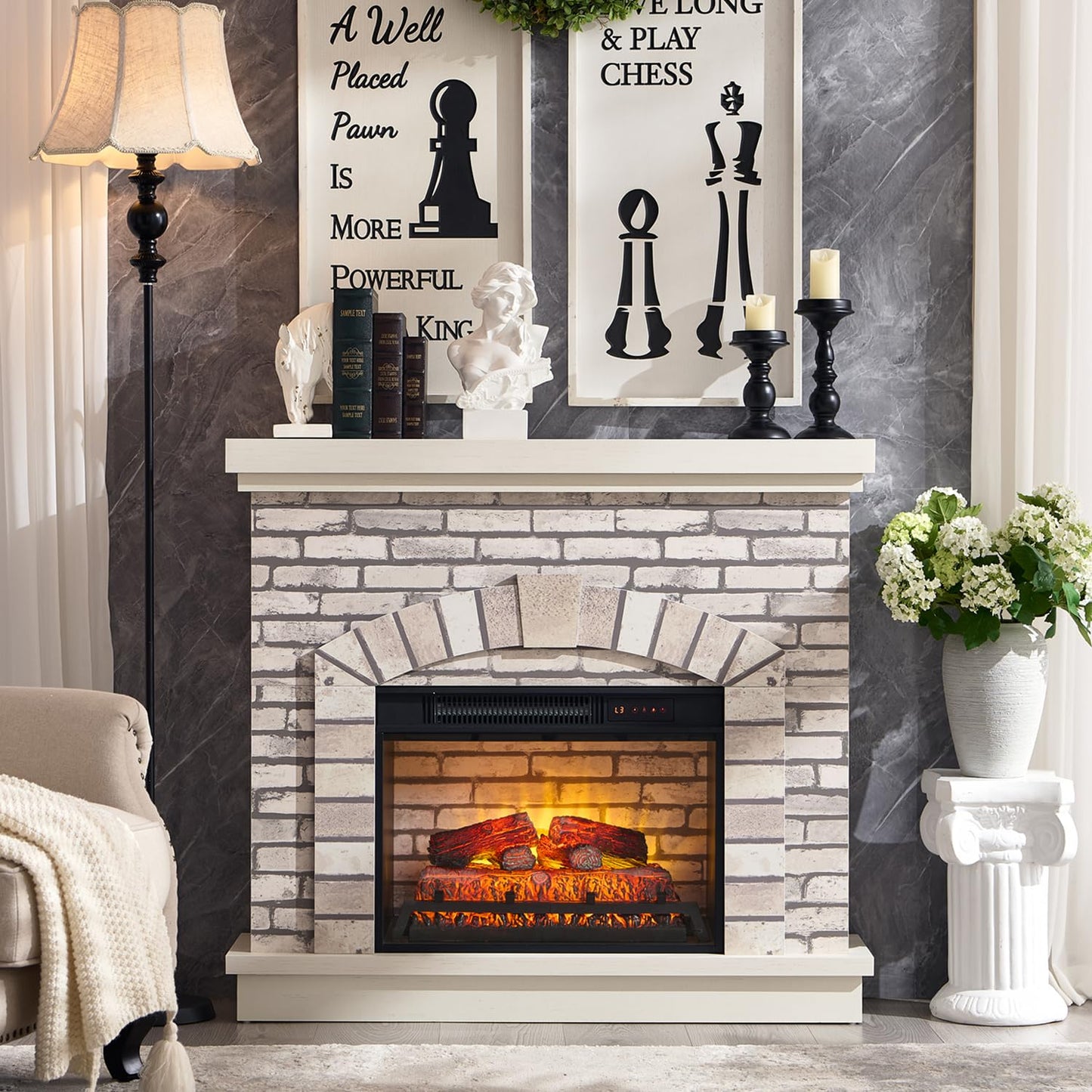 IFBUY Farmhouse Electric Fireplace with Mantel, 42" Fireplace TV Stand with 23'' Freestanding Electric Fireplace Heater, Remote Control, Adjustable 3D Realistic Flame Level for Living Room, White