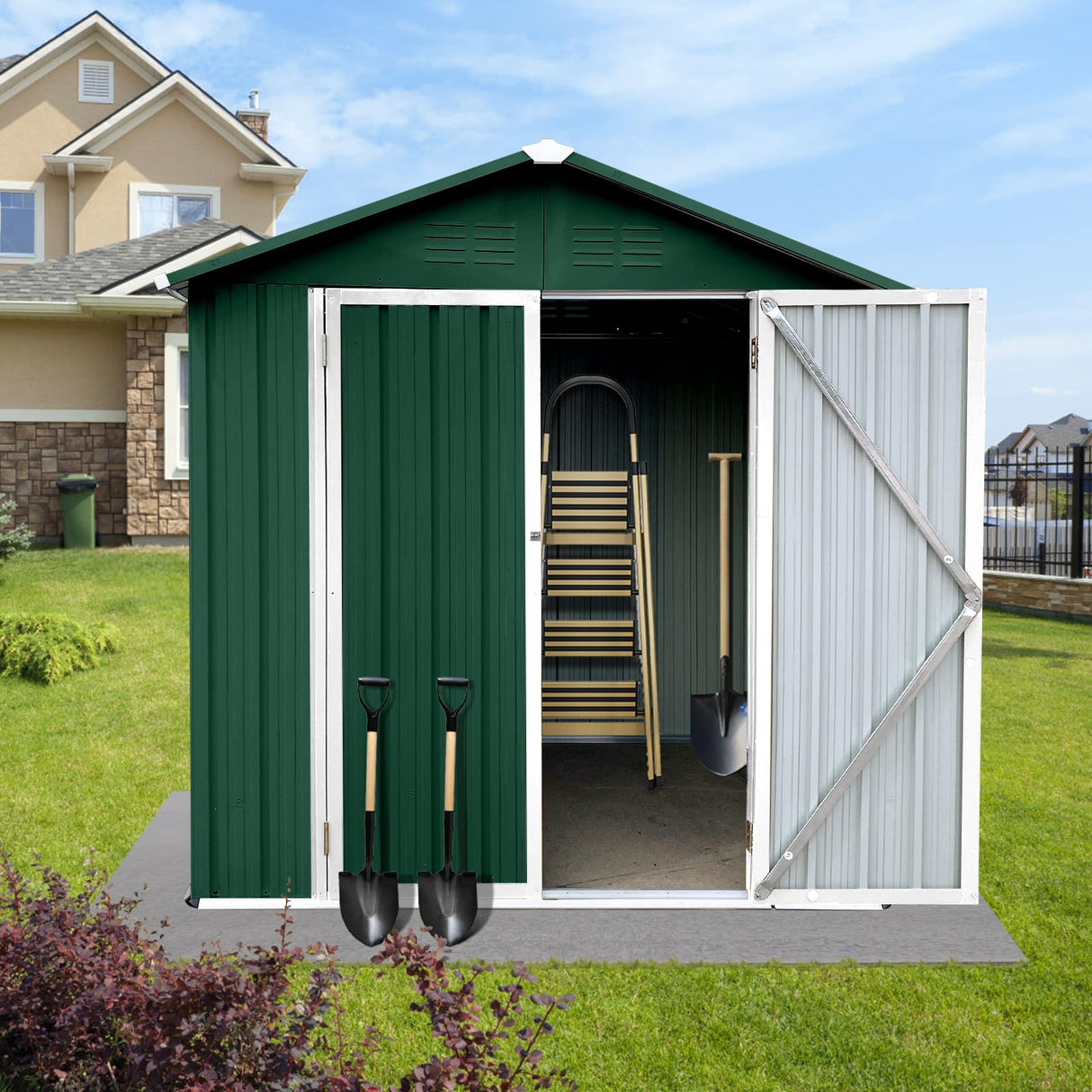 Jintop 4x6 FT Outdoor Metal Storage Sheds with Apex Roof,Single-Storey Waterproof Roofed Structure Garden Shed w/Lockable Doors,for Lawn Equipment Tool Sundries,Green+White Jintop