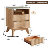 T4TREAM Fluted Nightstand with Charging Station, 18" Modern Side Table with Faux Marble Top, 2 Drawers End Table w/Storage, Bedside Table for Bedroom, Living Room, Curved Profile Design, Natural Oak T4TREAM