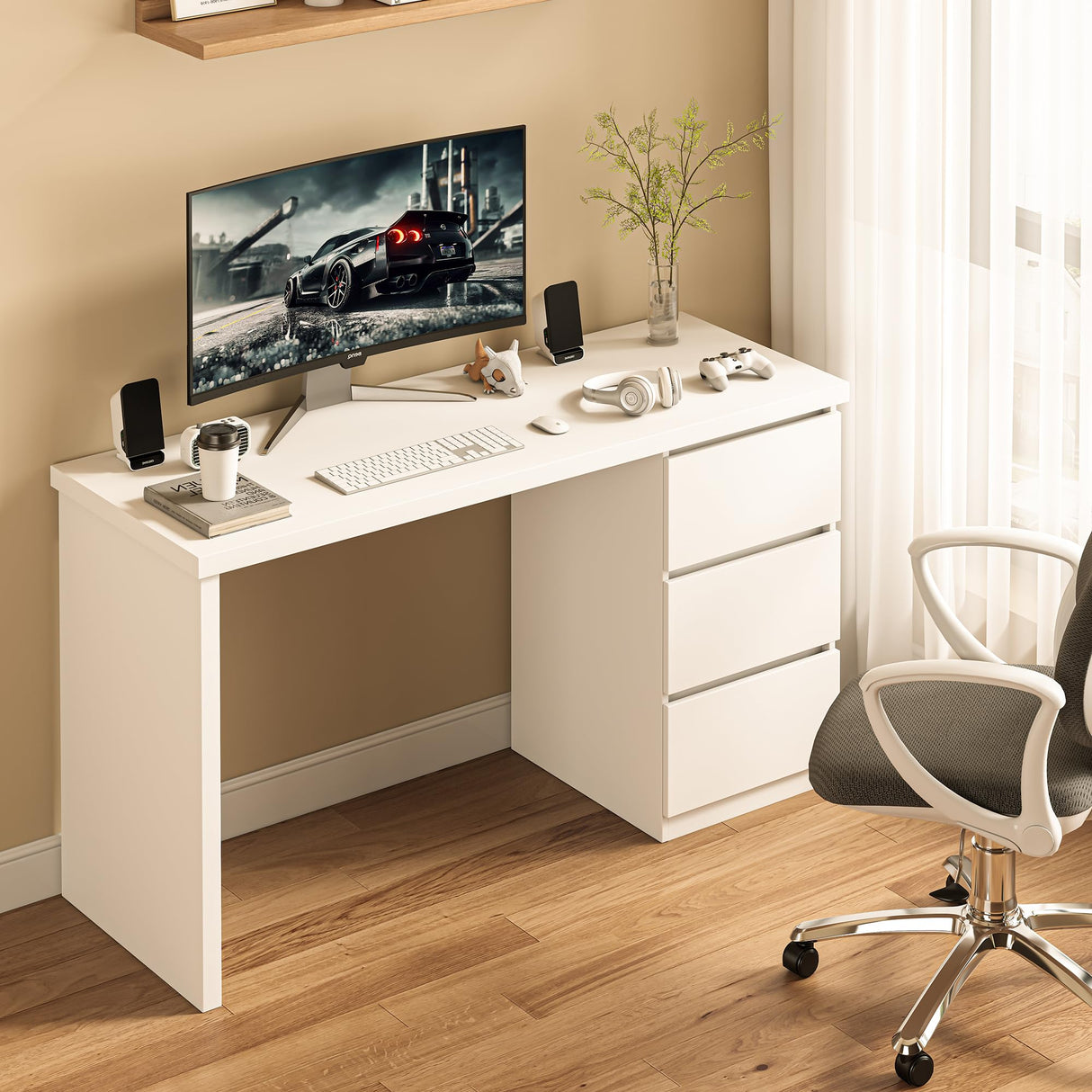 furtble White Desk with Drawers, 53'' W Home Office Computer Desk Gaming Table, Modern Vanity Desk with storage, Wood Writing Workstation for Bedroom, Living Room furtble