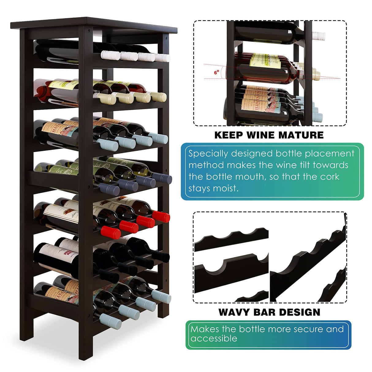 SMIBUY Bamboo Wine Rack, 28 Bottles Display Holder with Table Top, 7-Tier Free Standing Storage Shelves for Kitchen, Pantry, Cellar, Bar (Black) SMIBUY