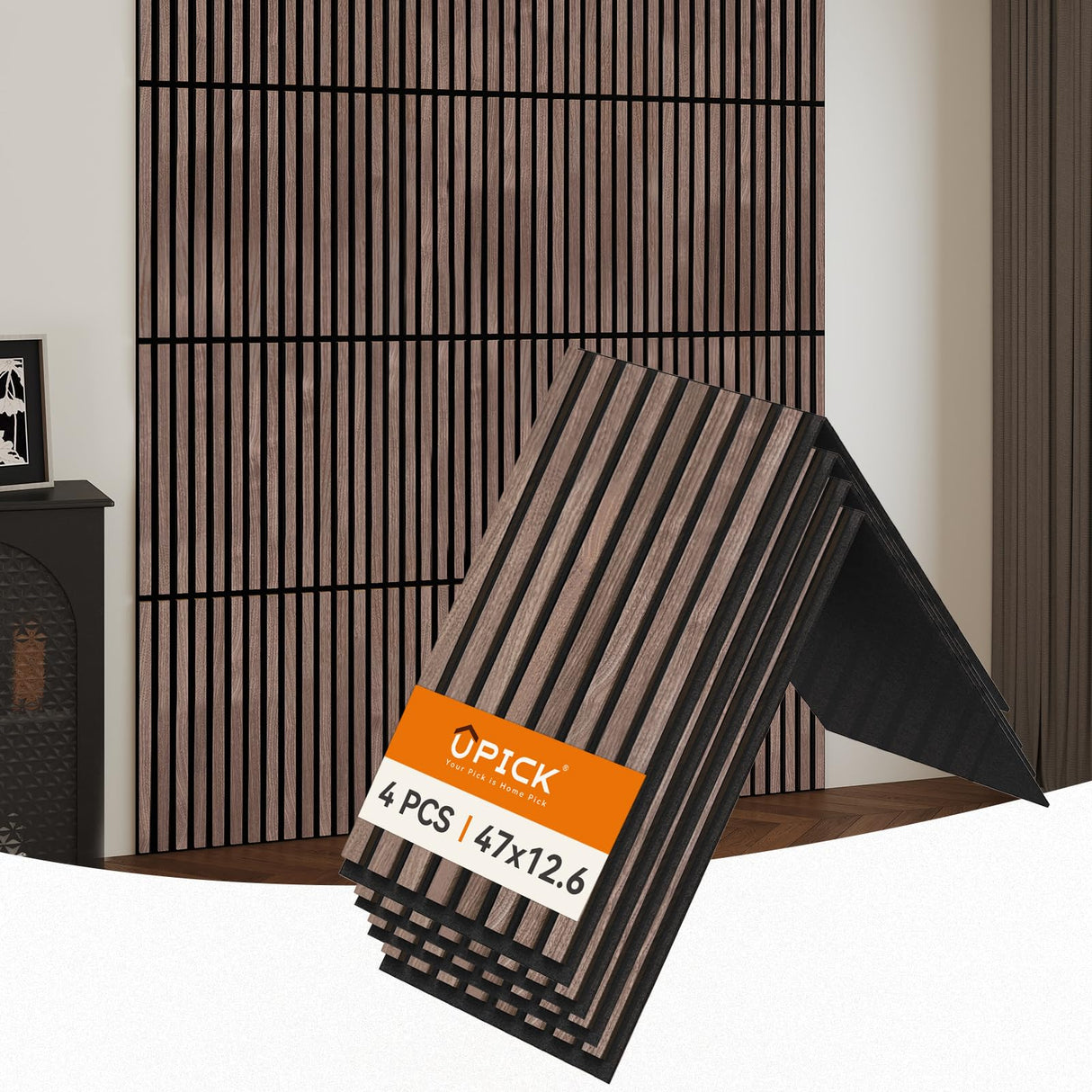 Upick Foldable Acoustic Wall Panels, 4 Pack 48" x 12.6" MDF Slat Wood Panels for Wall, Sound Absorbing Wall Panels for Interior Wall Decor, Walnut Upick