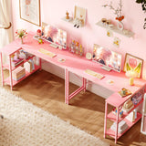 Huuger L Shaped Desk, 47 Inches Computer Desk with Reversible Storage Shelves, Gaming Desk, Corner Desk Home Office Desks, Writing Desk Study Desk with Metal Frame, Pink Huuger