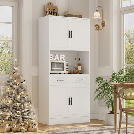 HOSTACK 71“ Tall Kitchen Pantry Storage Cabinet, Modern Kitchen Hutch Bar Cabinet with Microwave Stand, Wood Buffet Sideboard with Hutch, Cupboard with Drawers, Shelves for Dining Room, White HOSTACK