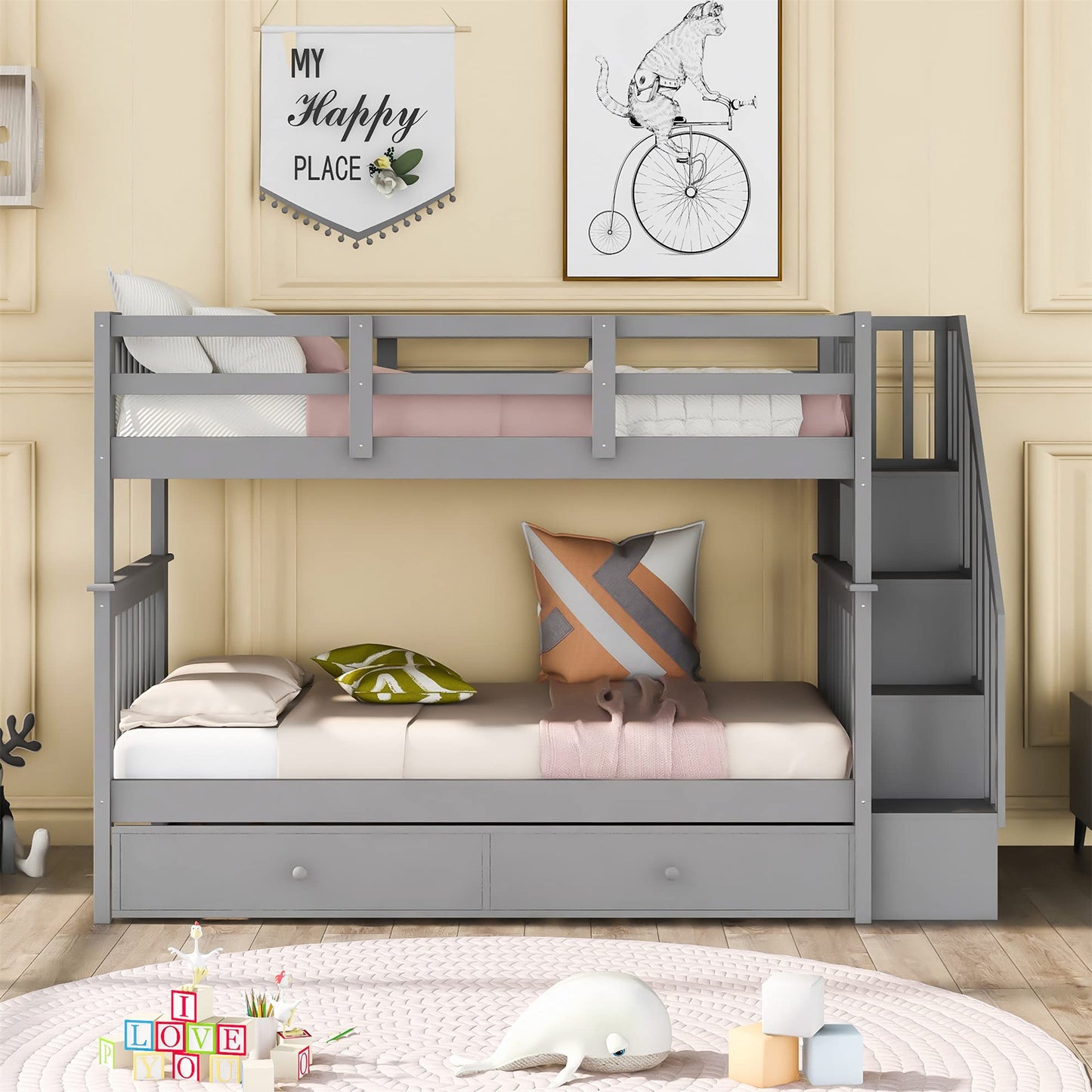 Stunning Gray Twin Over Twin Bunk Bed with Stairs and Trundle by Harper & Bright Designs - WoodArtSupply