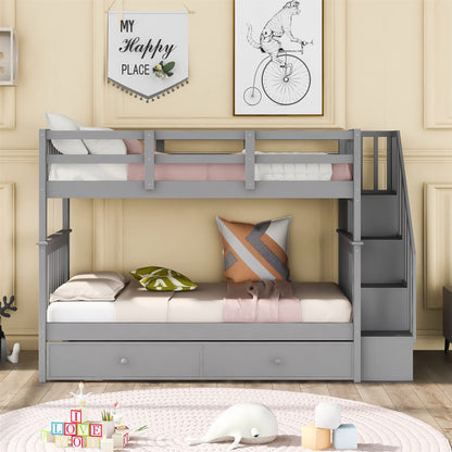 Stunning Gray Twin Over Twin Bunk Bed with Stairs and Trundle by Harper & Bright Designs - WoodArtSupply