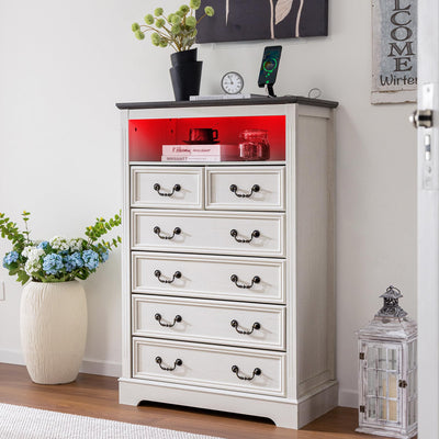 Homkdom Dresser for Bedroom with Charging Station & LED Light, White Dresser & Chests of Drawers with 6 Drawers, Farmhouse Tall Dressers for Bedroom