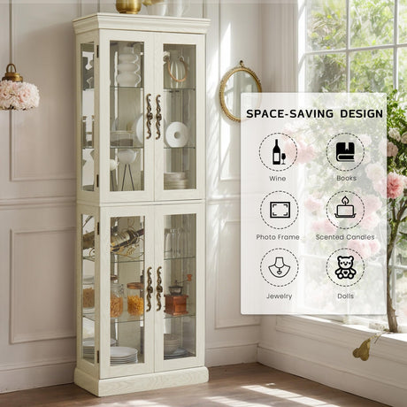 Eyisean 71" Lighted Curio Cabinet with 6 Adjustable Shelves, Vintage Glass Display Case, Tempered Glass Doors, Tall Wine Bar Cabinet for Living Room Liquor Storage, Bulb Included Eyisean