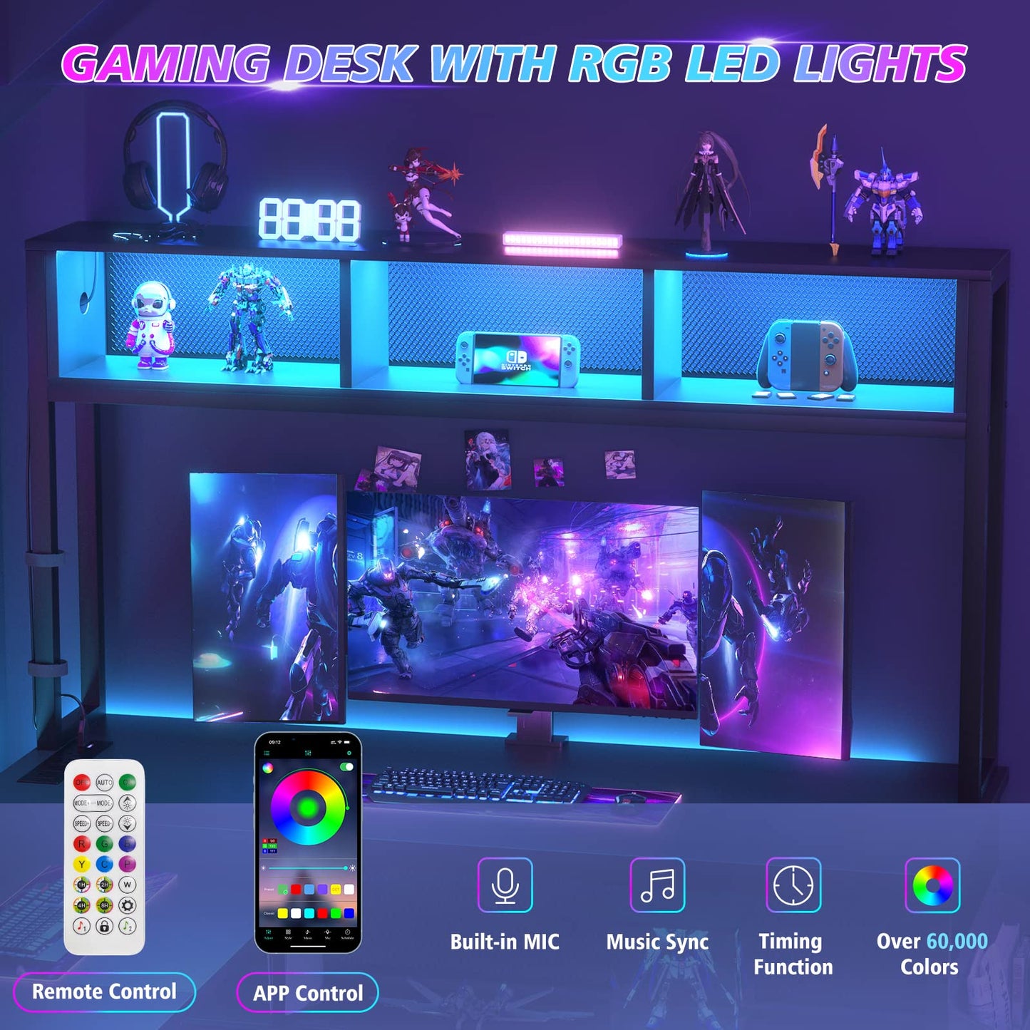 Unikito L-Shaped Computer Desk with RGB LED Lights, USB Ports, and Adjustable Storage Shelves - Black - WoodArtSupply