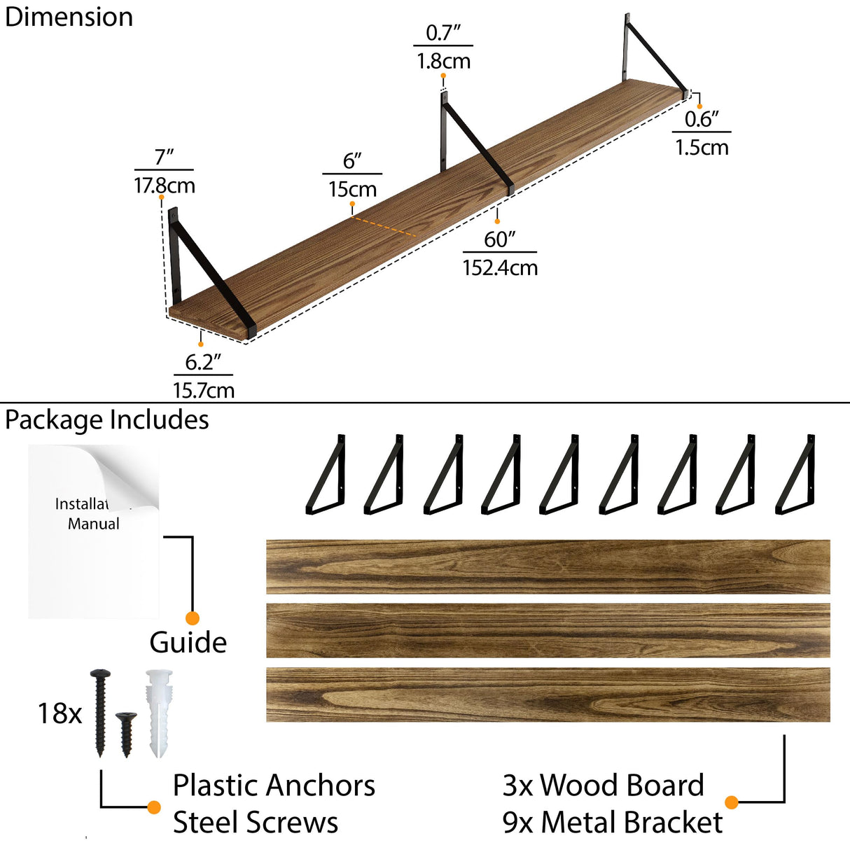 Wallniture Bora 60" x 6" Rustic Floating Shelves for Wall, Shelves for Bedroom, Office & Kitchen Storage Shelf, Wall Bookshelf, Set of 3, Burnt, Wood Wallniture