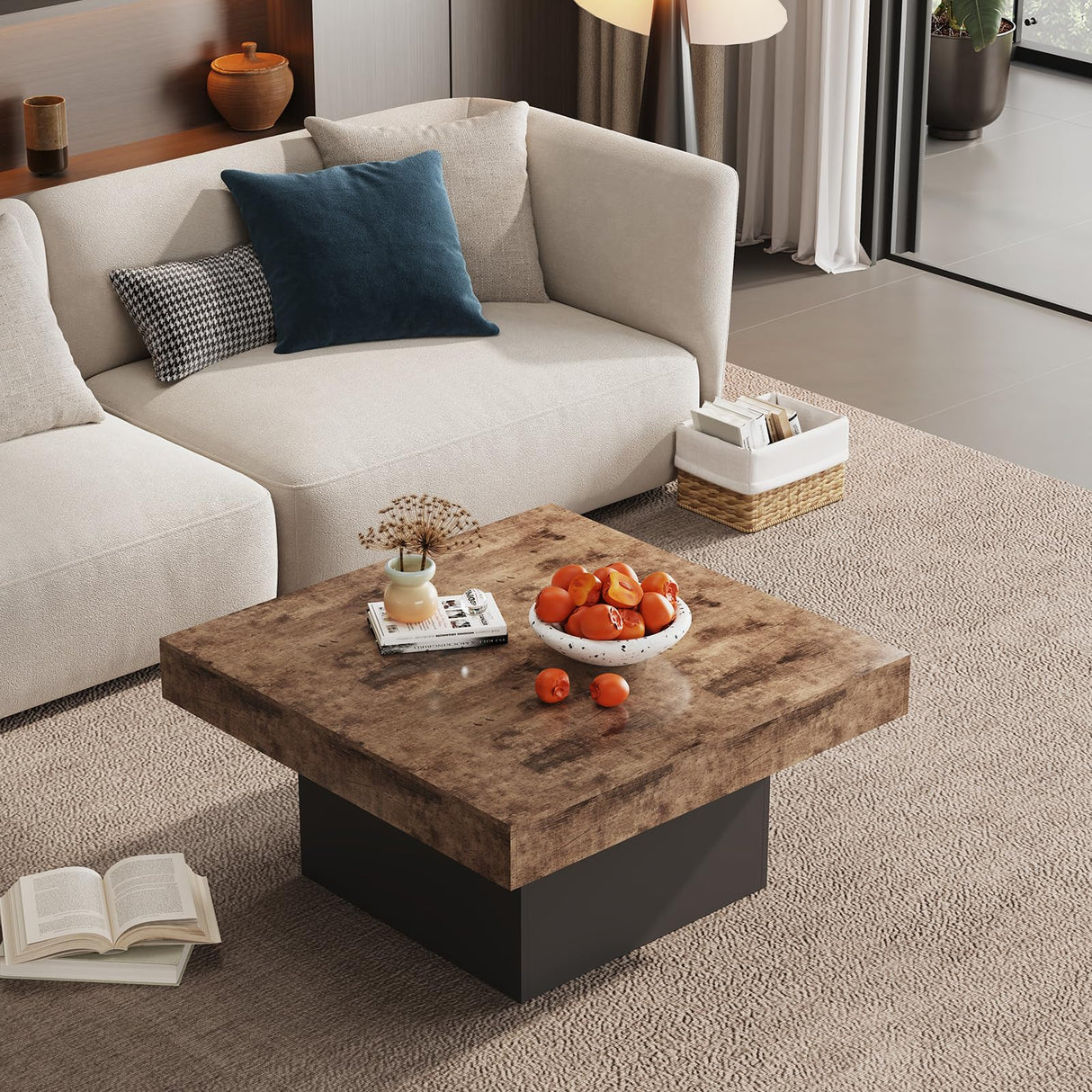 LIVEHOM Square Coffee Table, Wooden Engineered Wood Look Center Tables with Thick Base, Center Accent Table for Living Room LIVEHOM
