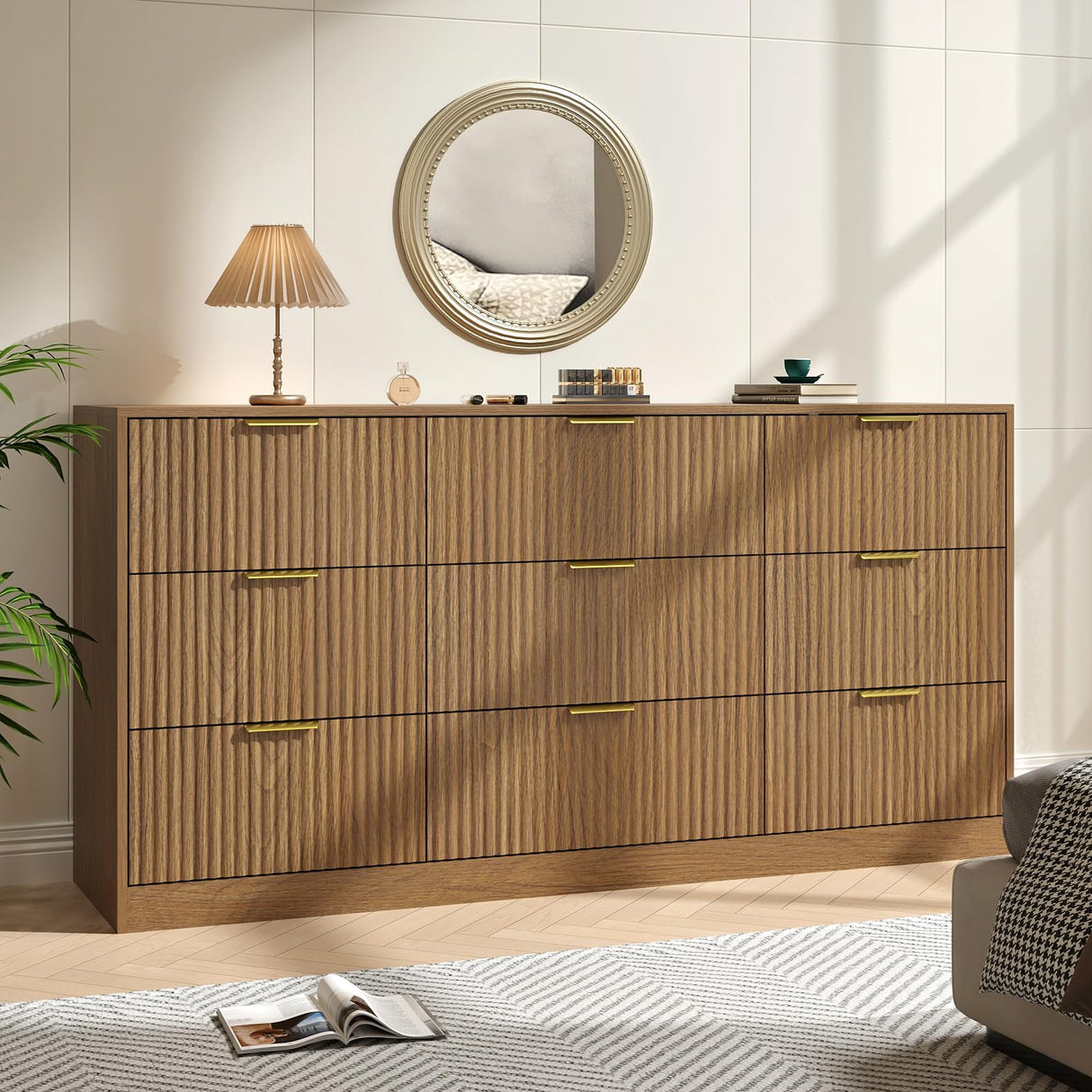 NOVAMAISON Dresser for Bedroom with 9 Drawer, 63” Wide Wooden Dresser Mid Century Chest of Drawers with Metal Handle, Dressers TV Stand Storage Organizer for Closet, Bedroom, Living Room, Natural Wood NOVAMAISON