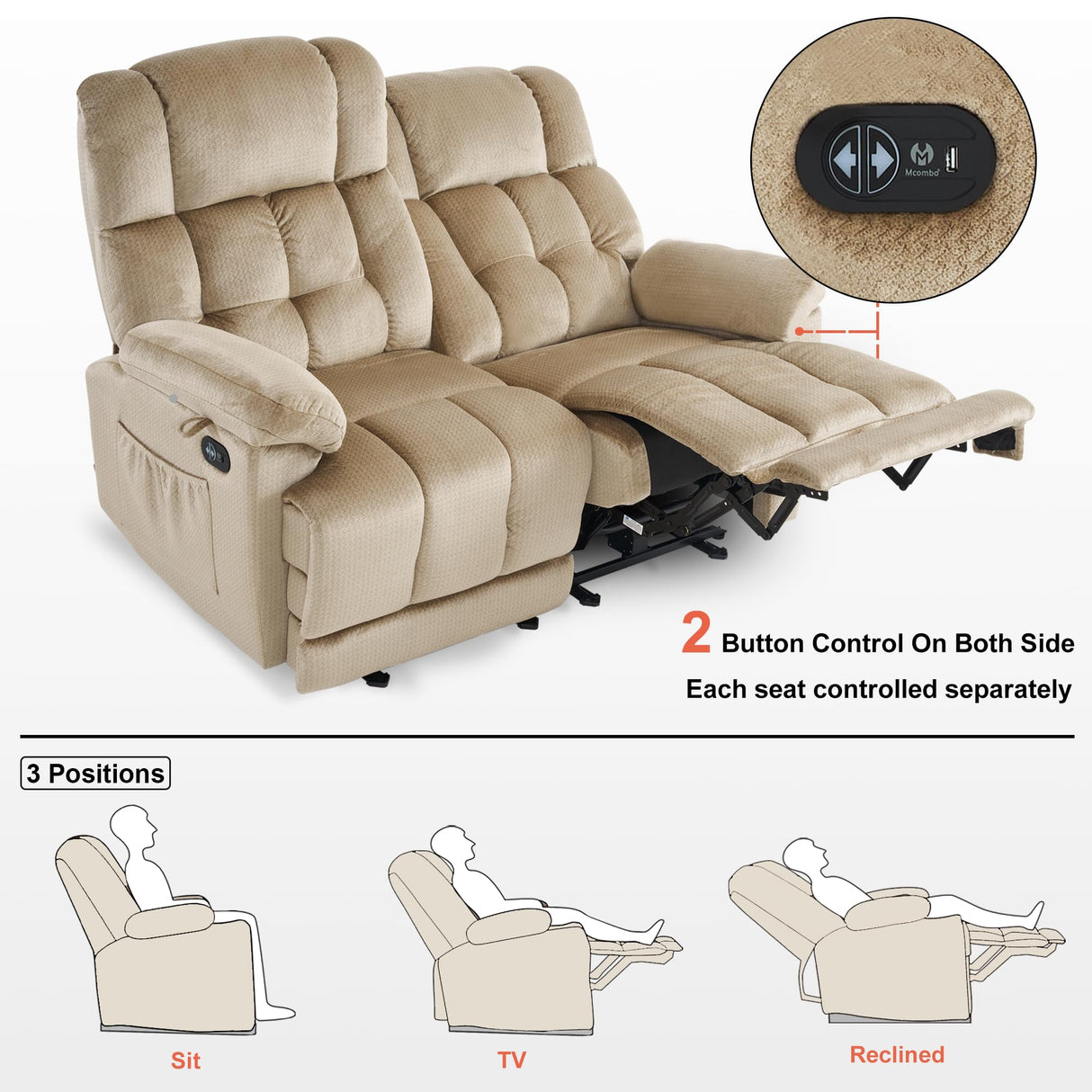 MCombo 58.7" Zero Gravity Power Loveseat Recliner with Heat and Vibration Massage, Reclining Loveseat Sofa with USB Ports for Living Room, Fabric 6237 (Beige) MCombo
