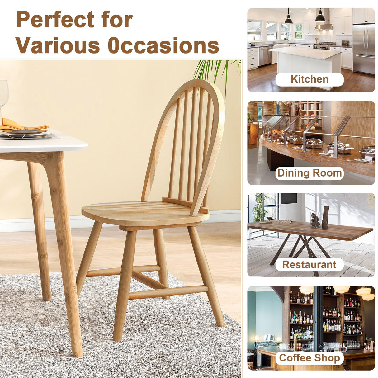 Safeplus 18" Oak Dining Chairs Set of 4, Wood Windsor Chair with Spindle Back for Country Farmhouse Kitchen Island Safeplus