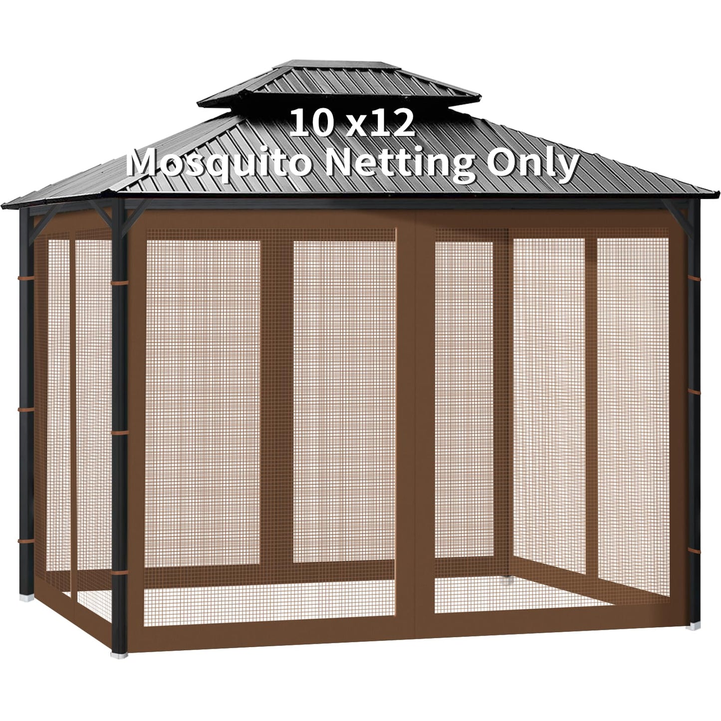 Gazebo Universal Replacement Mosquito Netting, 10' x 12' Outdoor Canopy Net Screen 4-Panel Sidewall Gazebo Curtains, with Zippers, Easy to Install, Fit for Most Gazebo 10x12 Canopy，Patio （Brown）