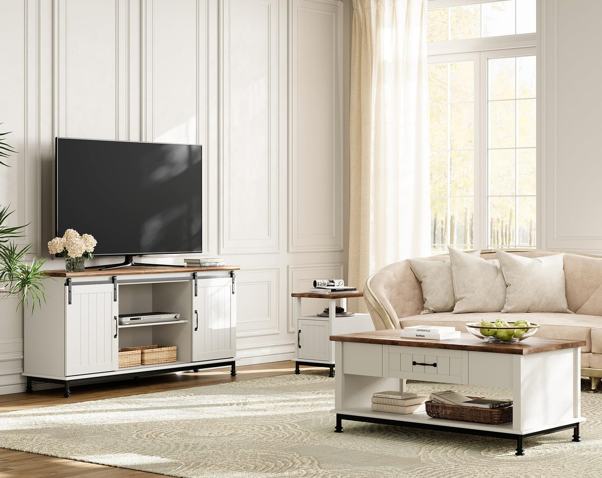 WAMPAT White Coffee Table with Drawer, Rectangle Center Table with Open Storage Shelf for Living Room, Modern Coffee Table Tea Table with Metal Legs, 42 Inch WAMPAT