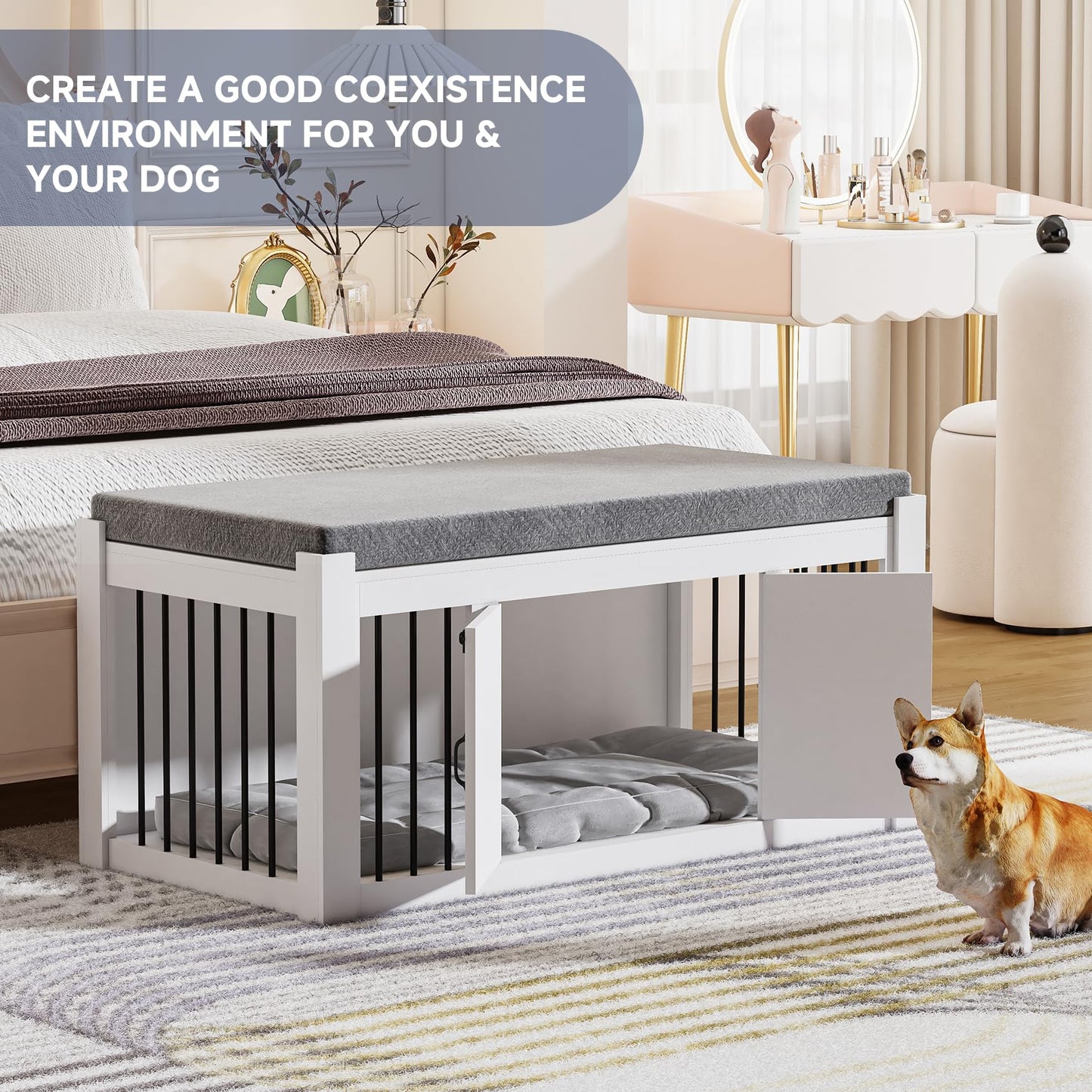 Faceket Indoor Dog Crate Furniture with Padded Seat, Wooden Dog Kennel, End of Bed Bench Ottoman with Removable Cushion, 47.2" L x 23.6" W x 22.4" H，White - WoodArtSupply